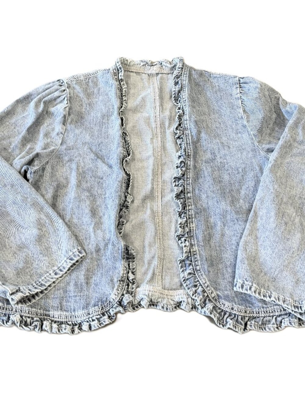 SHEIN Women’s Medium Wash Denim Ruffle Edge Open Front Jacket Size XL VGUC